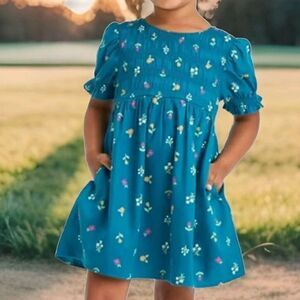 Cat & Jack Toddler Dress Size 3T Teal Floral Pockets Cute Comfy Casual